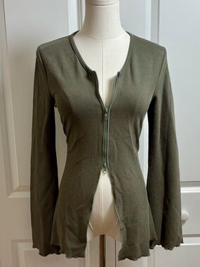 Olive Green Zip-Front Sexy Women's Blouse Top